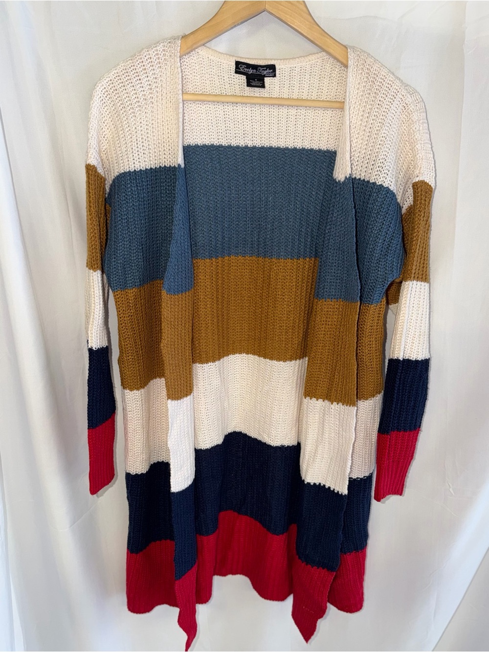 Evelyn Taylor Colorblock Open Front Long Cardigan